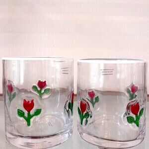 Set of 2 Red Tulip Icon Double Old-fashioned Glasses Spring Floral Barware New